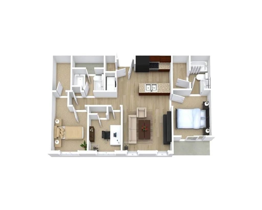Modern 3D floor plan showcasing two bedrooms, a cozy open-concept living area with kitchen, and luxurious bathrooms.
