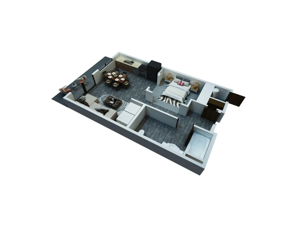 Modern 3D floor plan featuring a cozy bedroom, contemporary kitchen, and inviting living area with stylish decor.