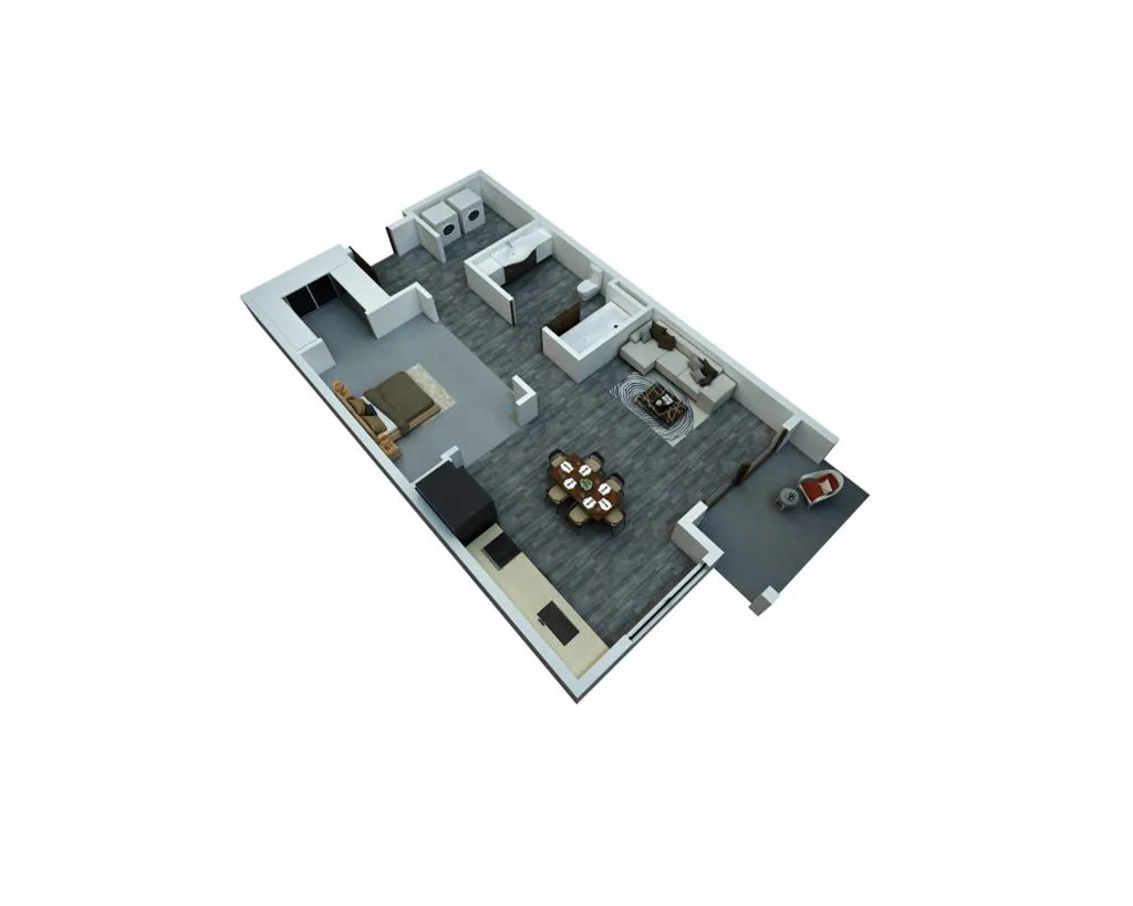Modern 3D floor plan featuring an elegant living room, spacious bedroom, stylish kitchen, and cozy patio space.