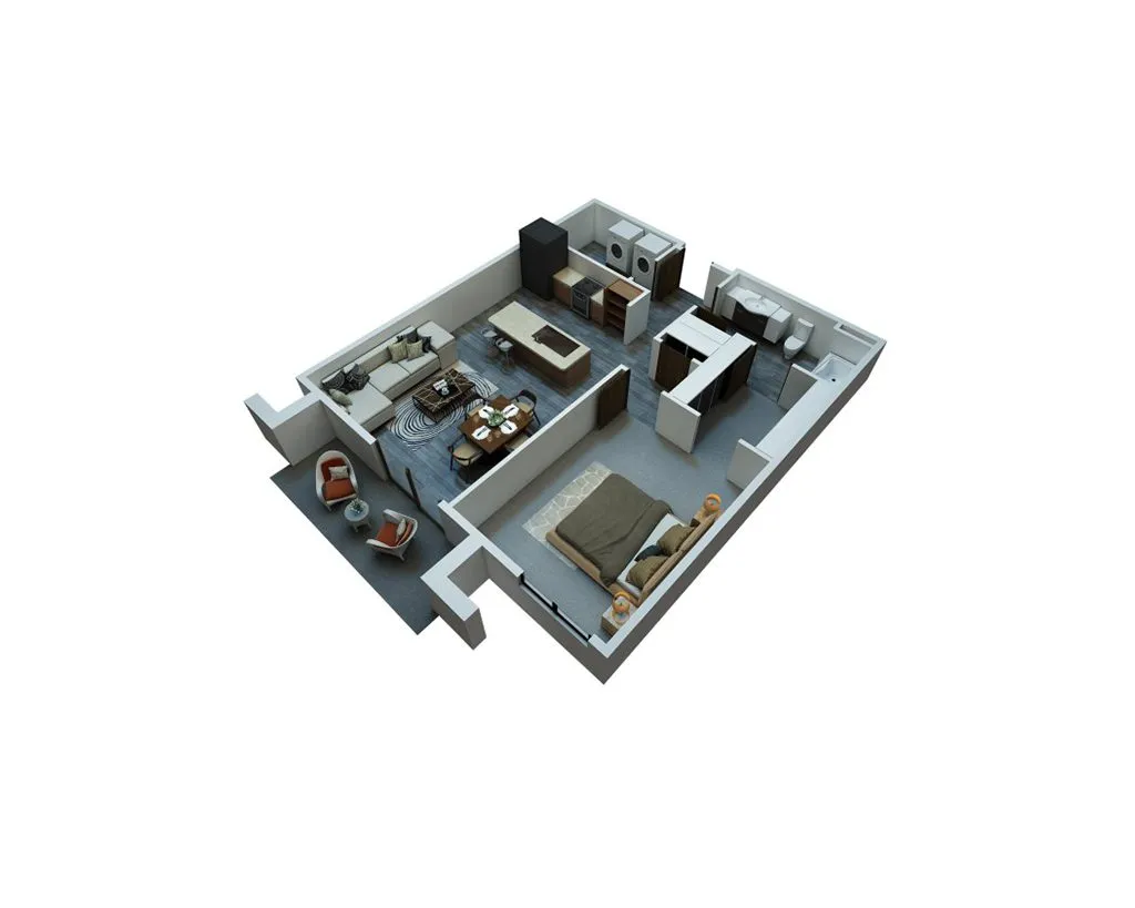 Chic 3D apartment floor plan featuring a cozy bedroom, modern kitchen, inviting living area, and elegant outdoor seating space.