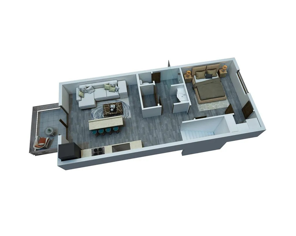 Modern 3D floor plan showcasing an elegant one-bedroom apartment with open-concept living area, sleek kitchen, spacious bathroom, and a cozy balcony for relaxation.