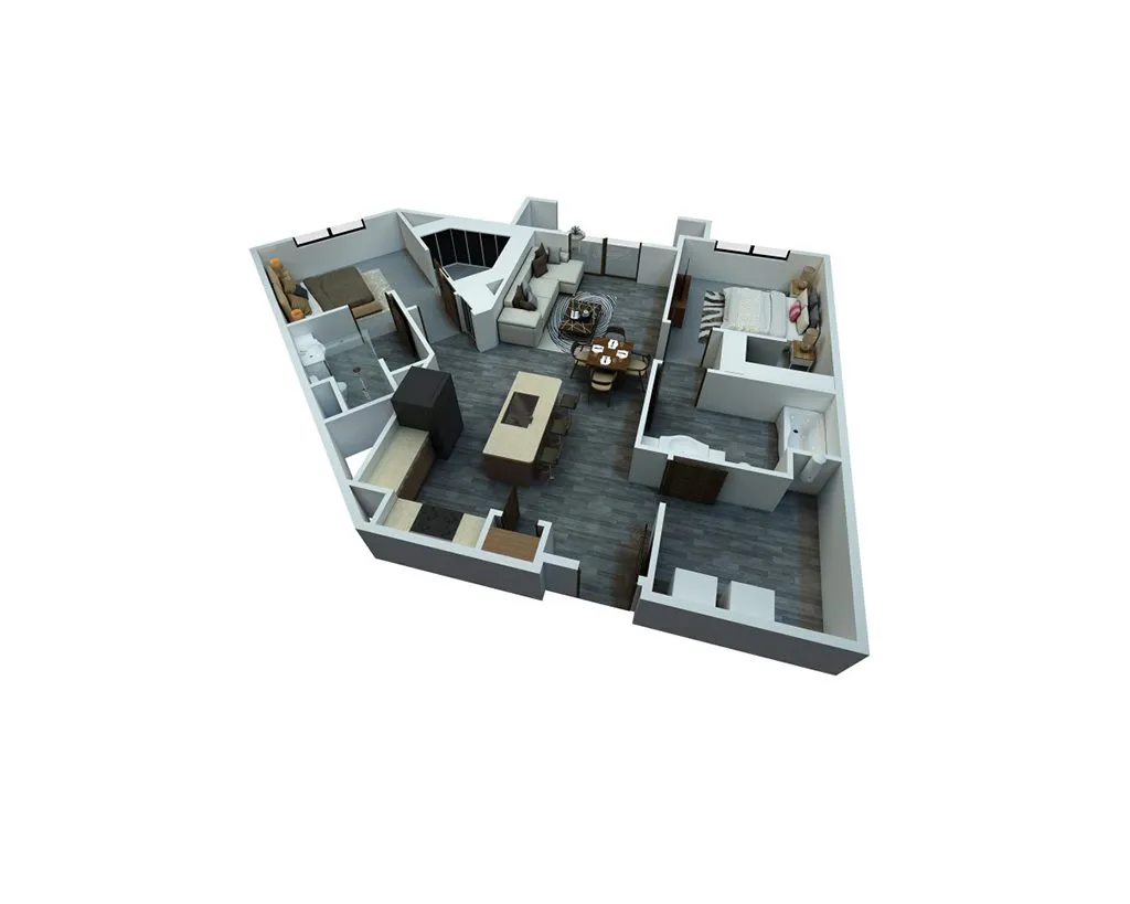 Contemporary 3D floor plan showcasing a spacious layout with two bedrooms, a modern kitchen, and an open living-dining area.