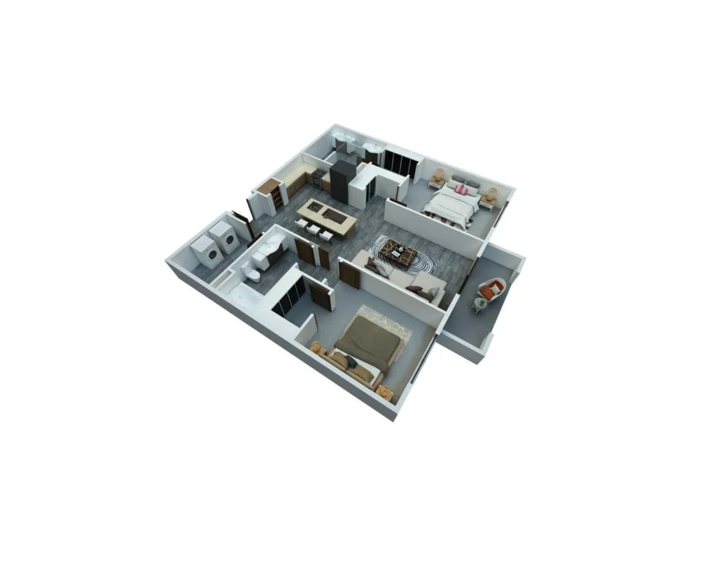 Chic 3D floor plan showcasing 2 bedrooms, modern kitchen, cozy living area, and private balcony perfect for contemporary living.