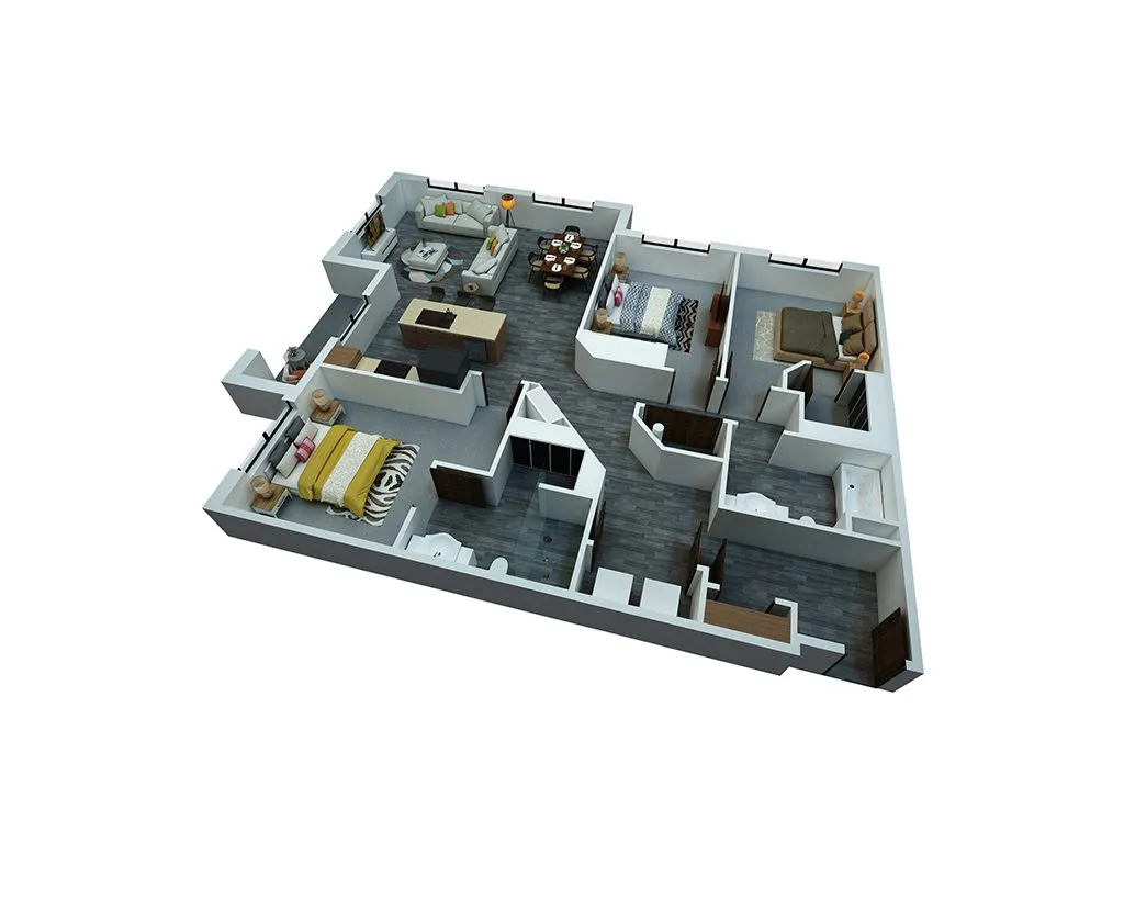 Modern 3D floor plan showcasing a spacious apartment with three stylish bedrooms, open living area, and elegant kitchen.