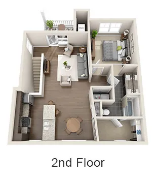 Charming 3D floor plan of a 2nd-floor apartment featuring a cozy living room, modern kitchen, elegant bedroom, and a stylish balcony.