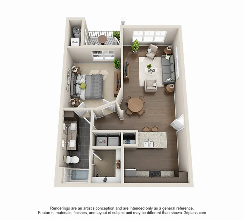 Modern 3D floor plan showcasing a cozy 1-bedroom apartment with a spacious living area, inviting balcony, and sleek kitchen design.