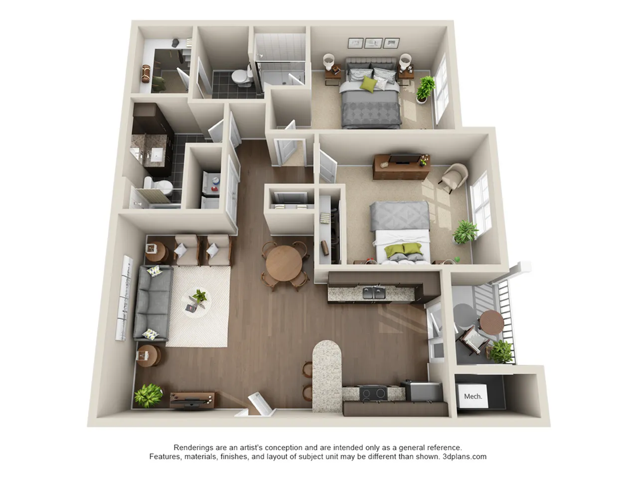 Modern floor plan showcasing a functional two-bedroom apartment with open-concept living area, sleek kitchen, and two bathrooms.