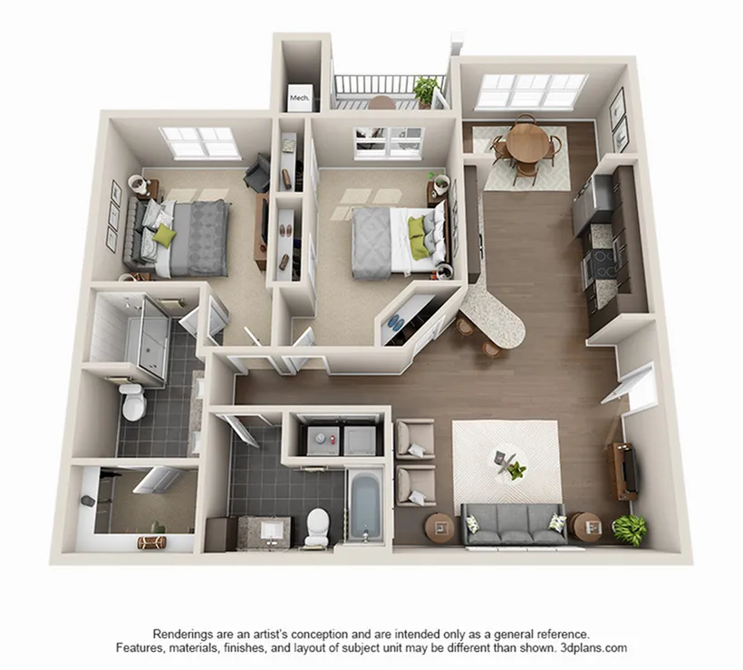 Chic 3D floor plan featuring two cozy bedrooms, a modern kitchen with an island, a stylish dining area, and a comfortable living room. Includes two bathrooms and a charming balcony, perfect for relaxation.