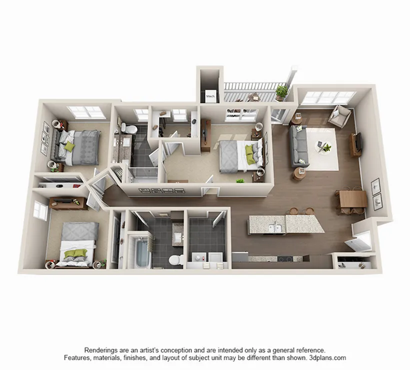 Inviting 3D floor plan showcasing a modern apartment with three bedrooms, open living space, and sleek kitchen; perfect blend of comfort and style.