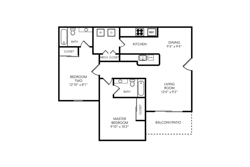 Modern floor plan showcasing 2 bedrooms with ample storage, a spacious living room, and an elegant kitchen, complete with dining area and balcony access.