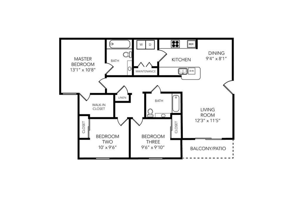 Elegant floor plan showcasing 3 bedrooms, modern kitchen, spacious living room, dining area, and inviting balcony.
