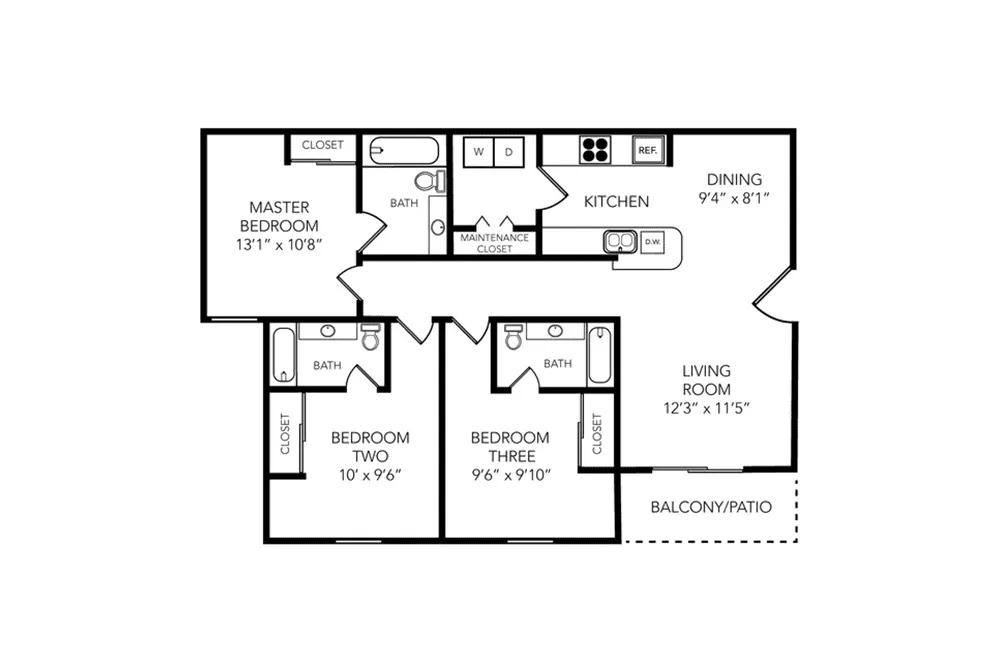 Contemporary 3-bedroom floor plan with spacious living room, elegant kitchen, and private balcony/patio.