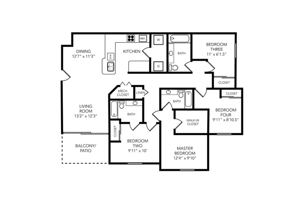 Modern floor plan featuring 4 bedrooms, open dining and living area, spacious kitchen, and balcony access.