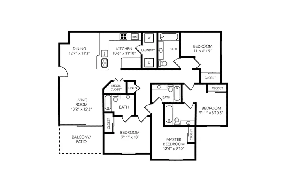 Elegant 2D floor plan depicting three bedrooms, two baths, spacious living room, dining area, kitchen with laundry space, and a cozy balcony.