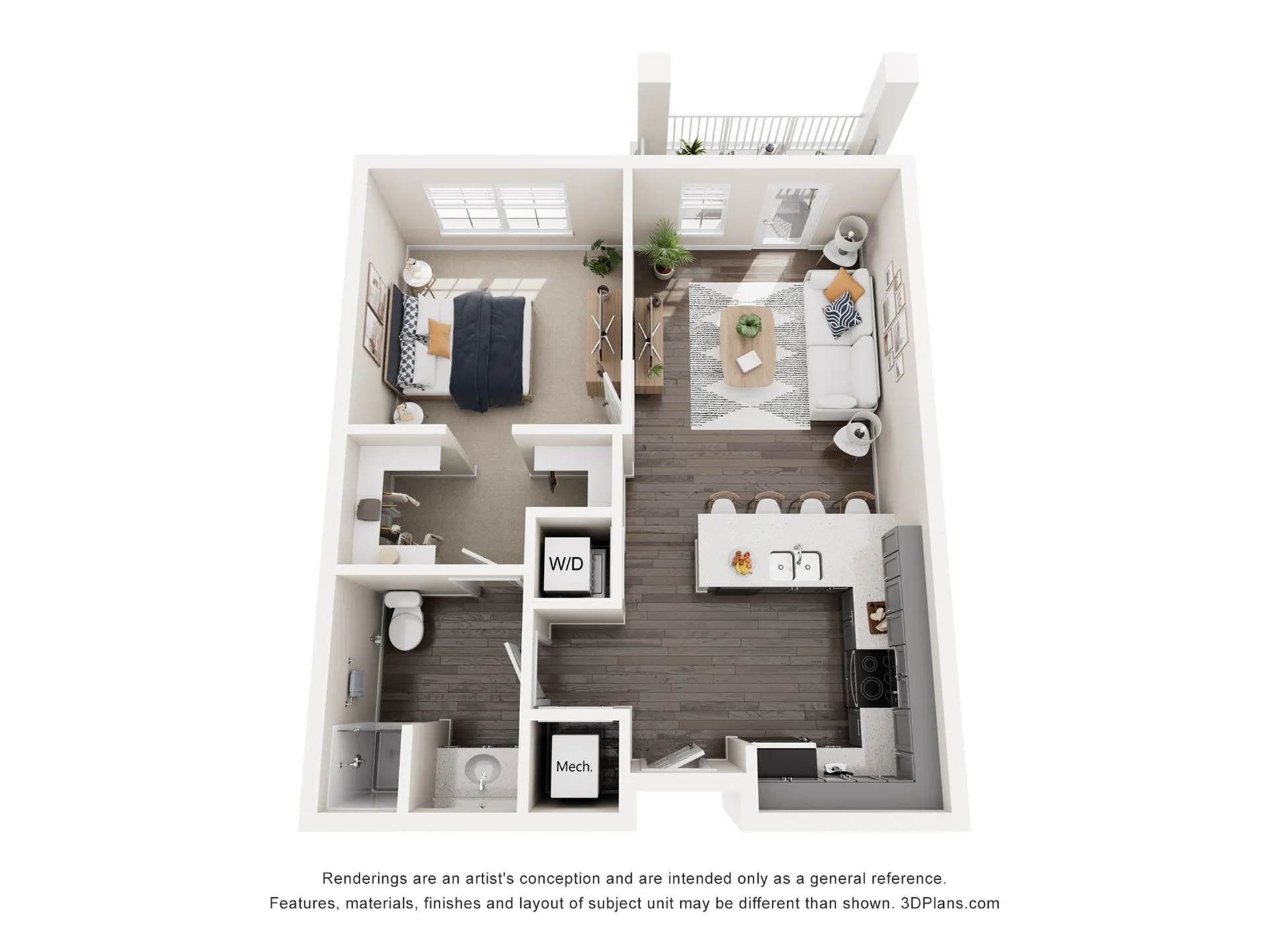 Modern 3D floor plan showcasing a cozy one-bedroom apartment with an open-concept living area, stylish kitchen, and private balcony.