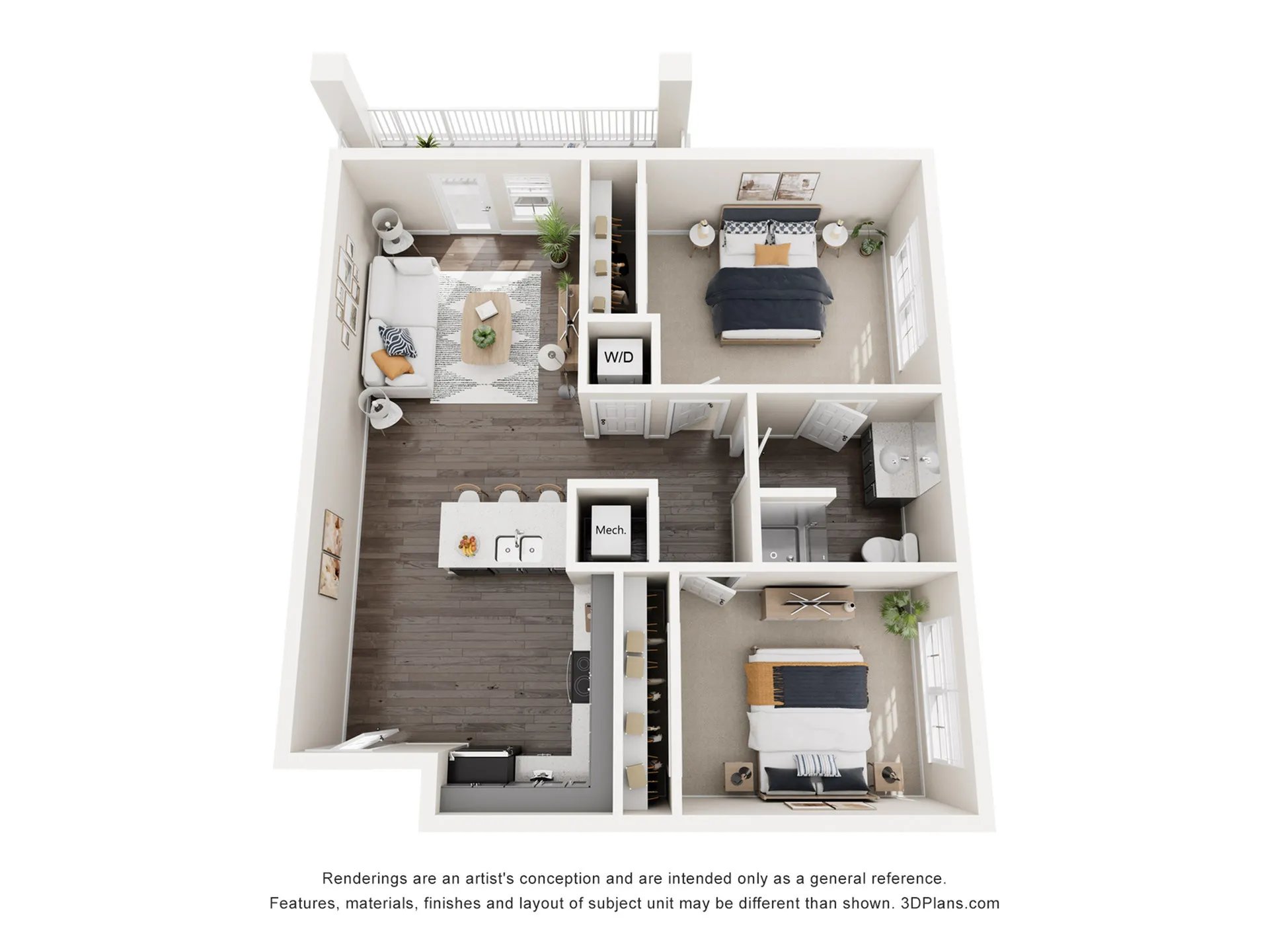 Chic 3D floor plan showcasing 3 bedrooms, cozy living room, modern kitchen with island, and two bathrooms for comfortable living.