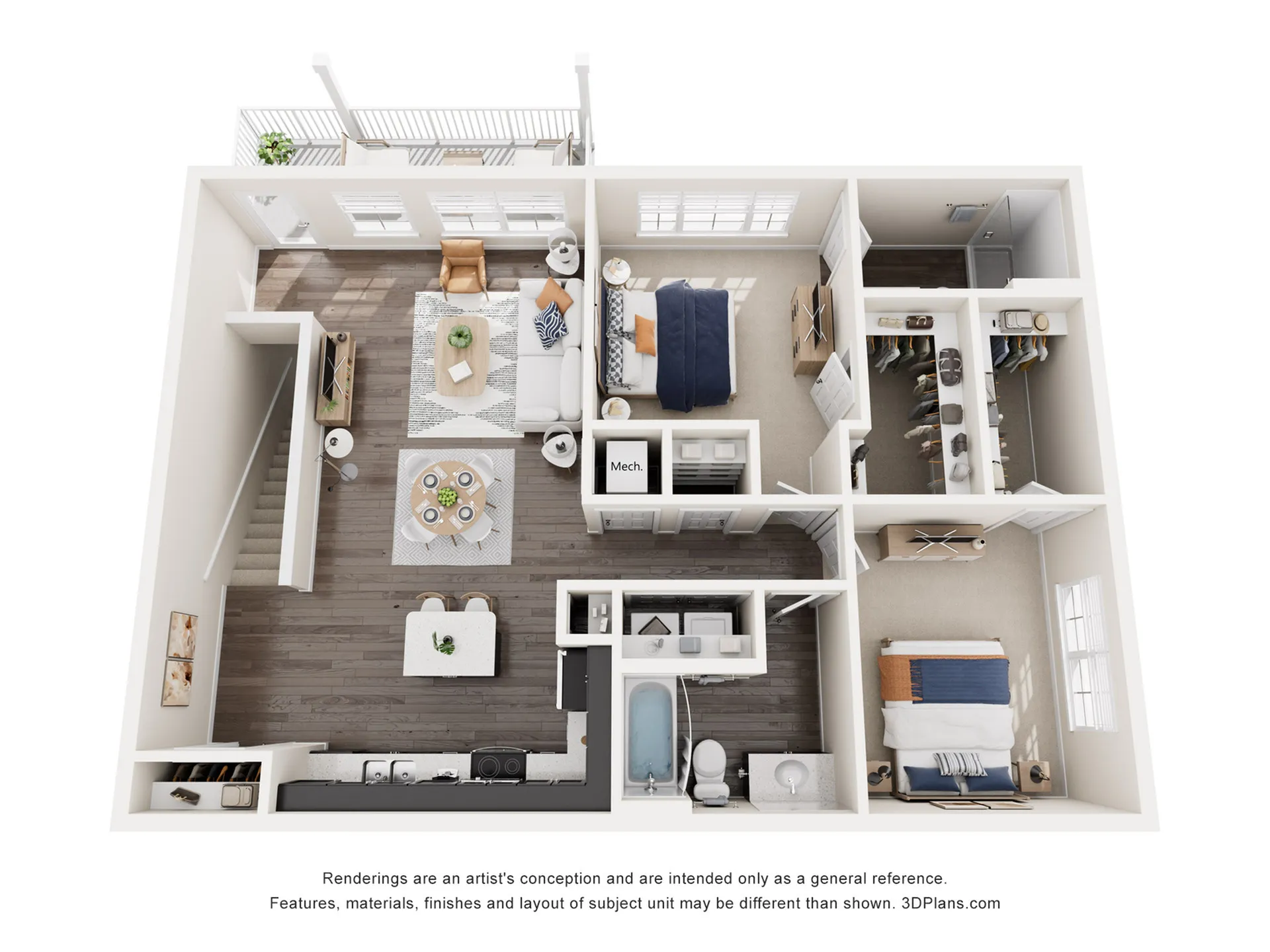 Modern and spacious 3D floor plan featuring two bedrooms, open-concept living and dining area, and stylish kitchen with ample natural light.