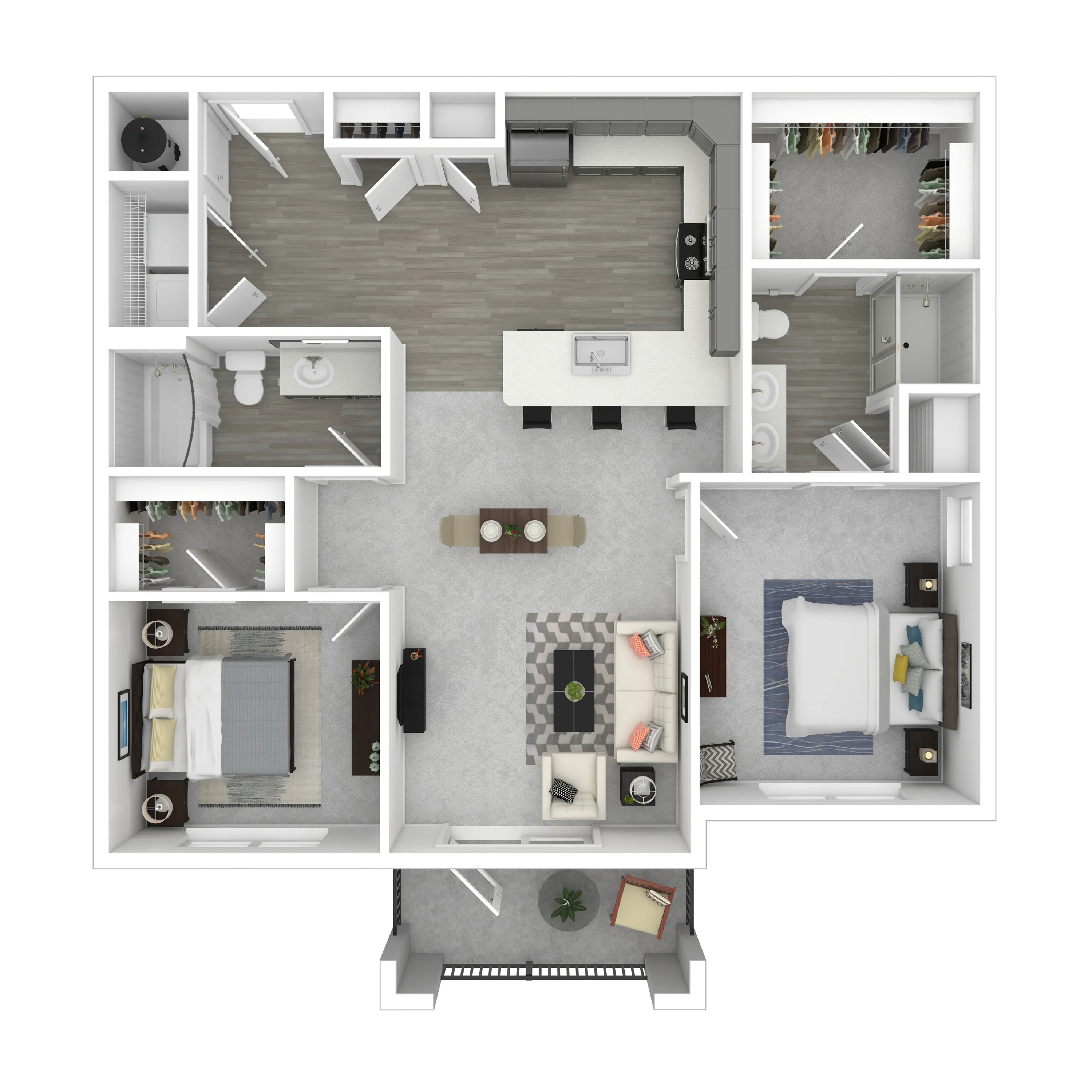 Chic 3D floor plan showcasing 2 bedrooms, modern kitchen with island, and inviting living area with balcony access.