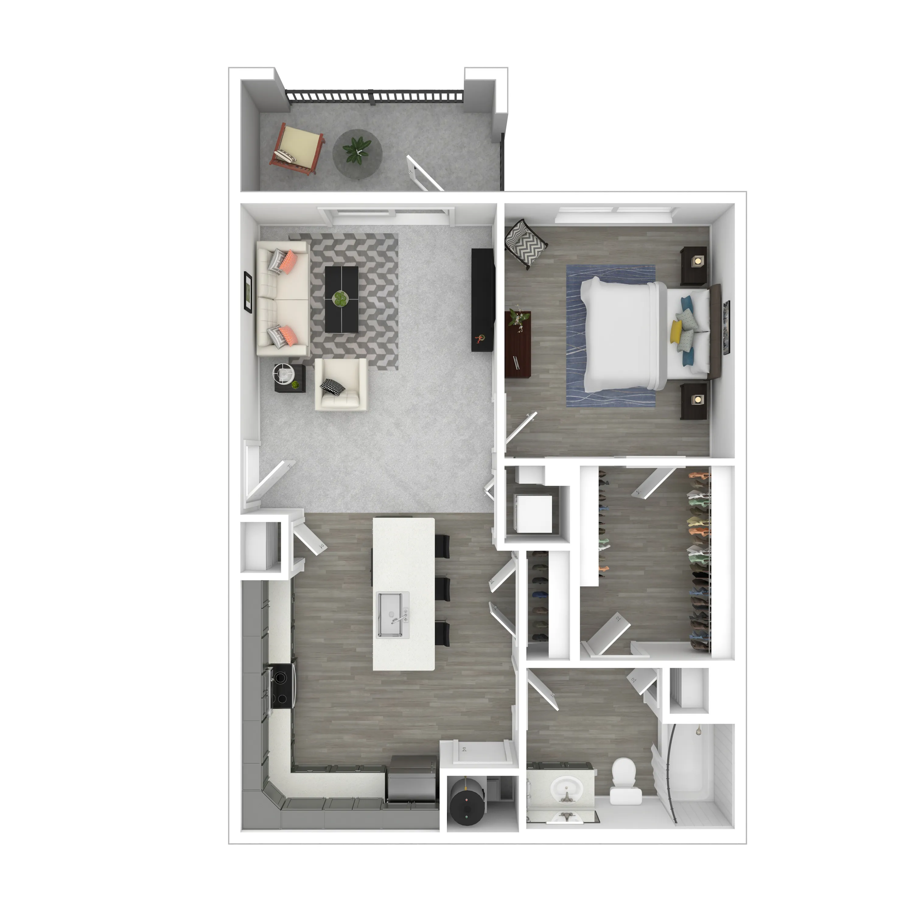 Chic 1-bedroom apartment floor plan with an open-concept living area, modern kitchen, and private balcony.