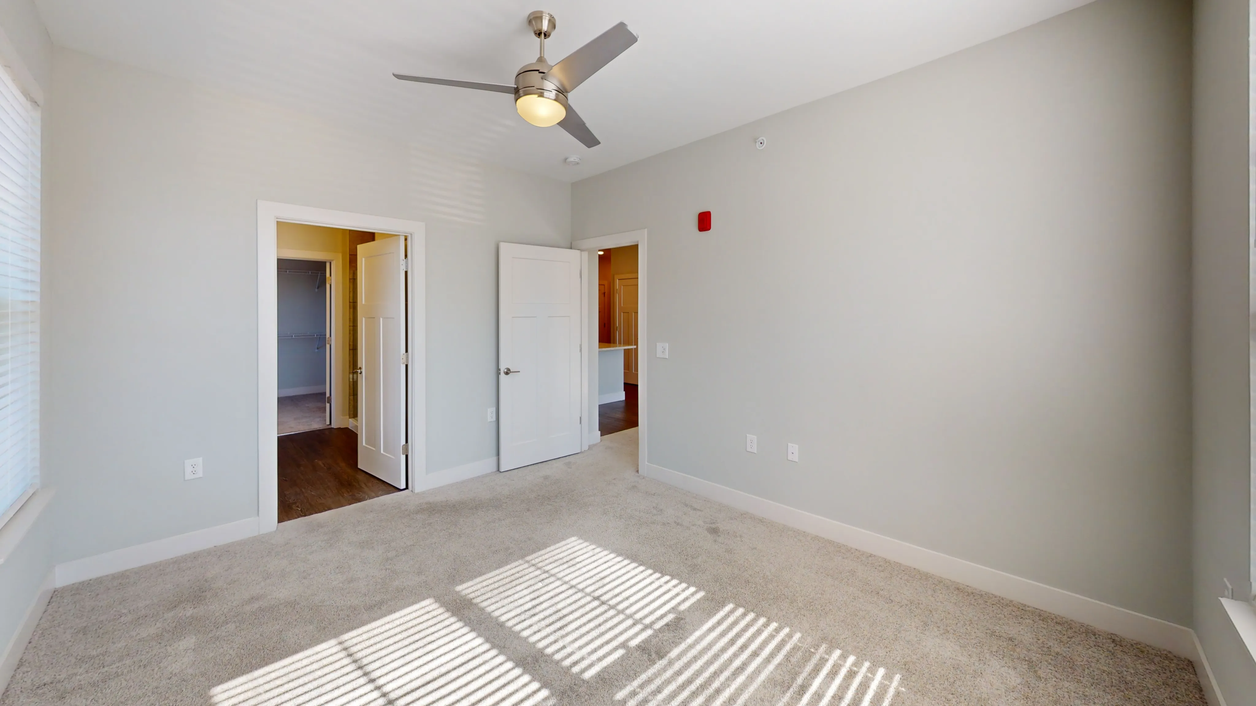 Bright and inviting bedroom with large windows, plush carpeting, and modern ceiling fan, leading to a spacious walk-in closet.