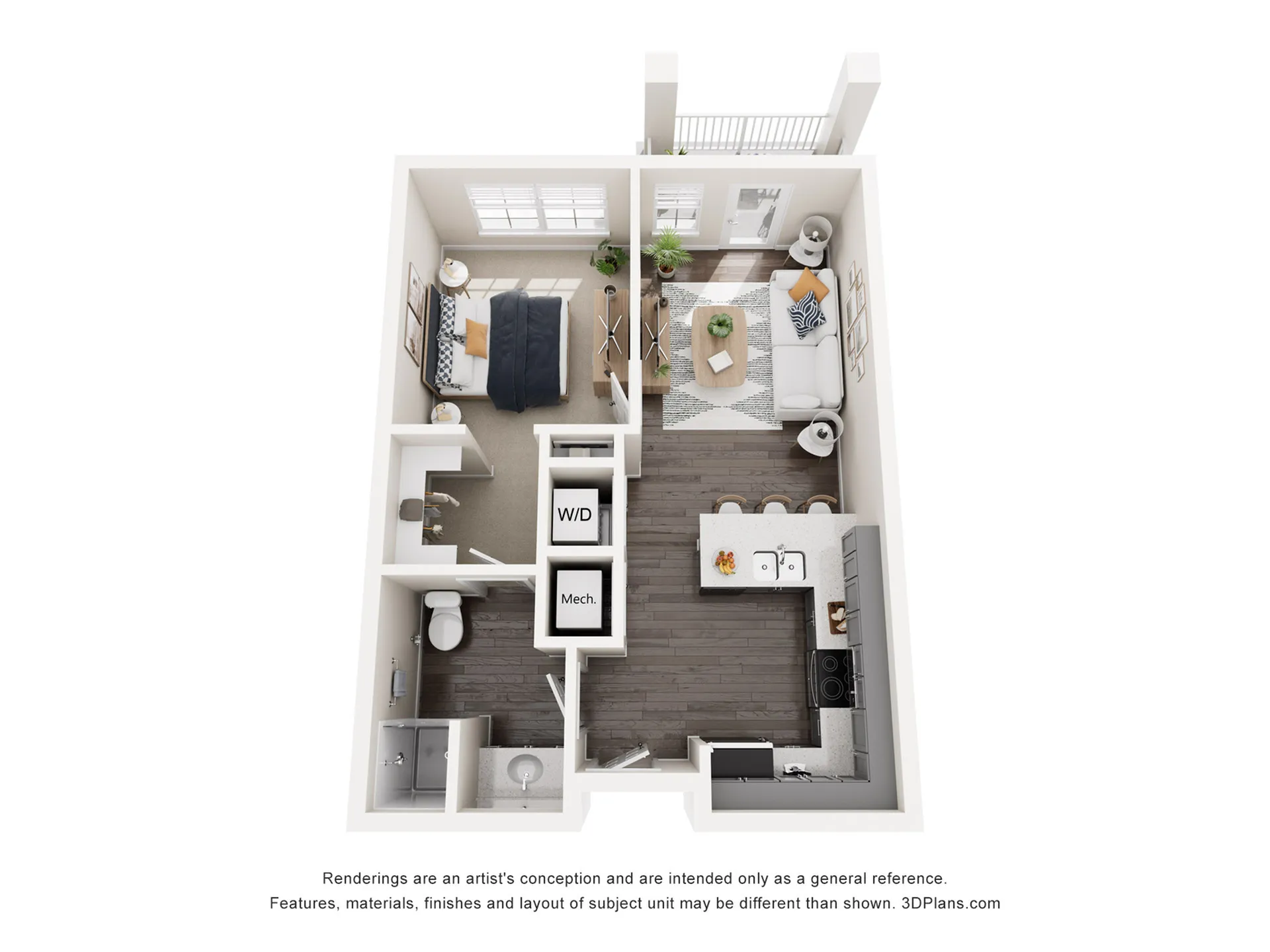 Modern 1-bedroom floor plan showcasing an open living area, stylish kitchen with bar seating, and cozy private balcony. Includes in-unit washer/dryer for convenience.