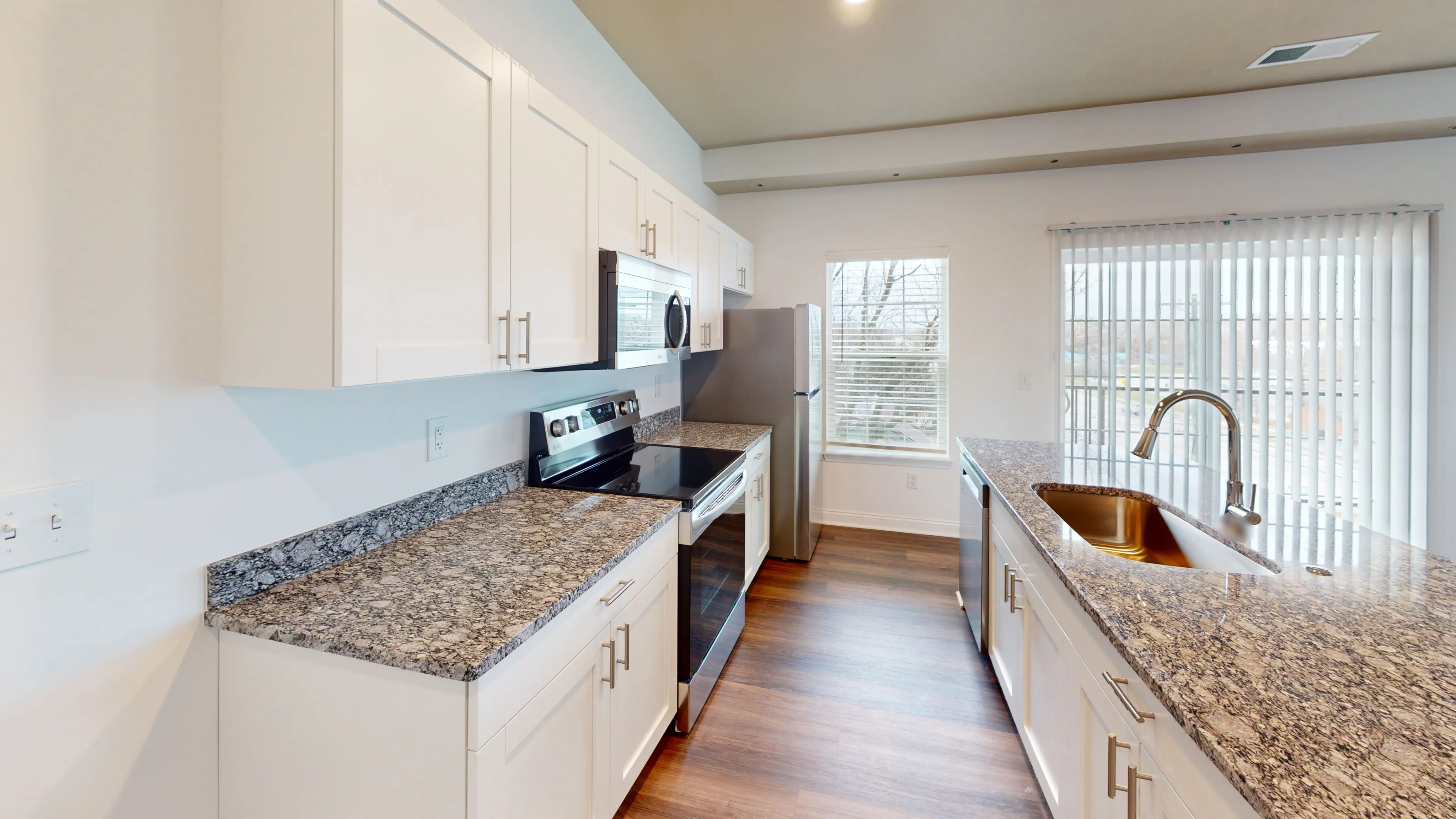 Modern kitchen with elegant granite countertops, sleek stainless steel appliances, and bright natural light.