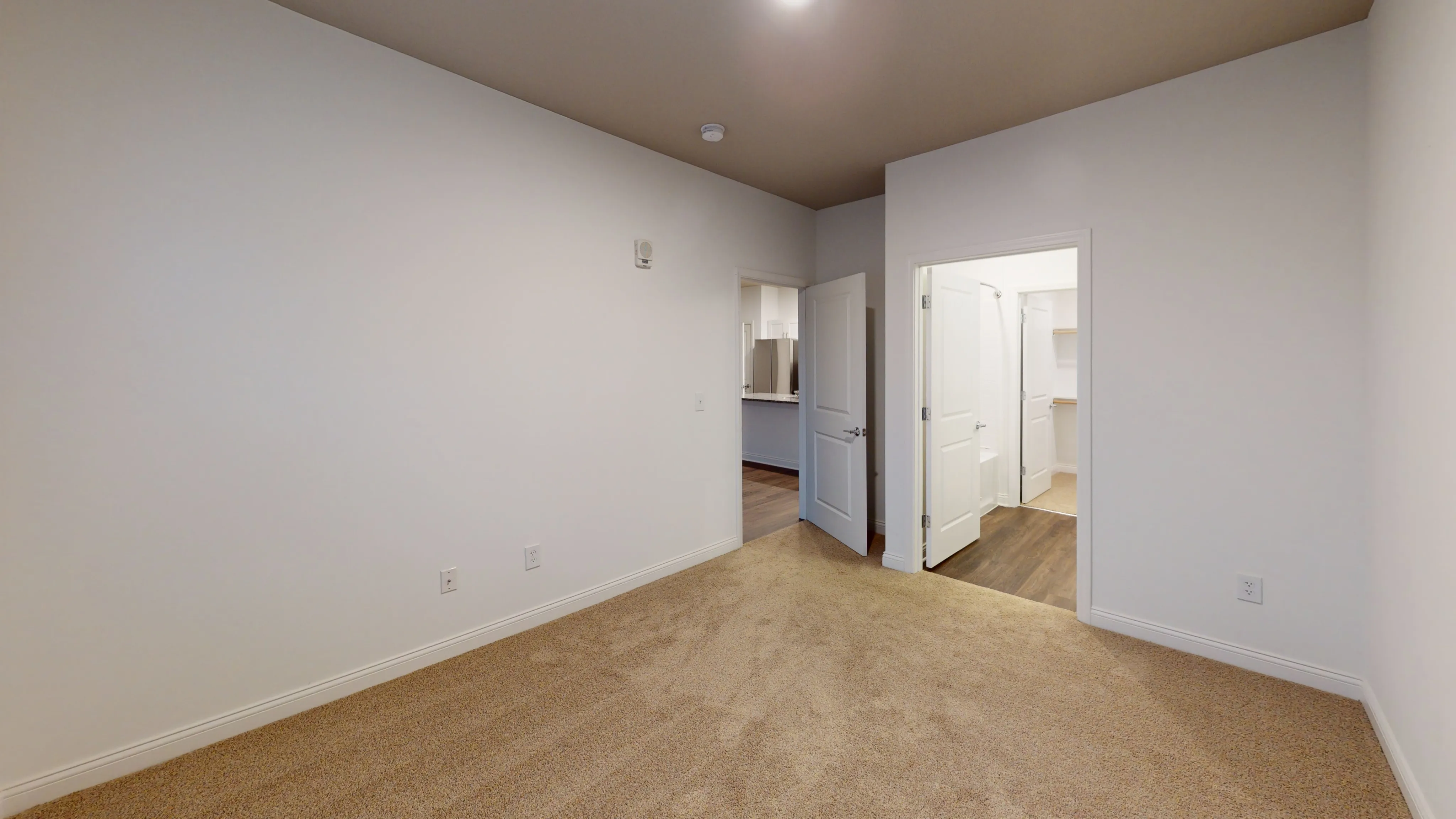 Bright and spacious bedroom with plush carpet, leading to a walk-in closet and modern bathroom.