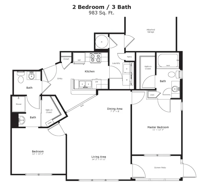 Spacious 2 bedroom, 3 bath floor plan featuring an open kitchen, dining area, living space, and attached garage, spanning 983 sq ft.