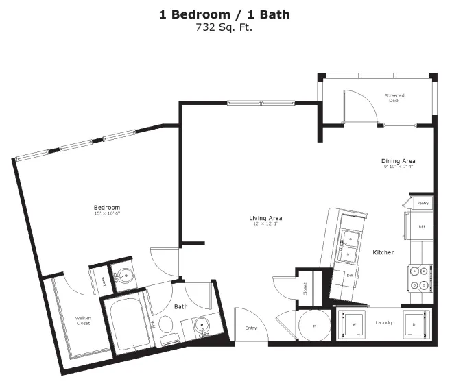 Modern apartment floor plan showcasing 1 bedroom, a stylish kitchen with dining area, and a spacious living room with elegant layout.