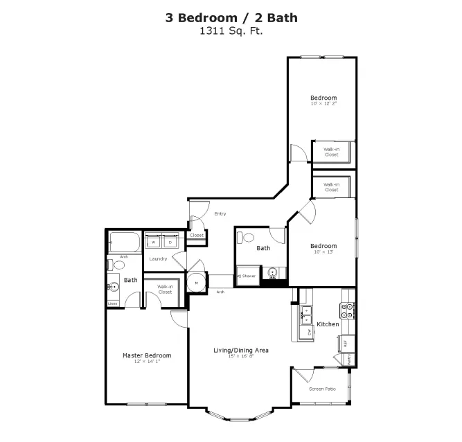 Contemporary floor plan displaying 3 bedrooms, 2 bathrooms, and a spacious living and dining area with a modern kitchen.