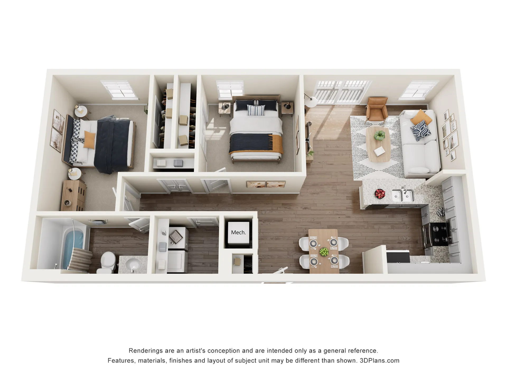 Modern 3D floor plan showcasing 2 bedrooms, stylish open-concept living area, and chic kitchen with breakfast bar.
