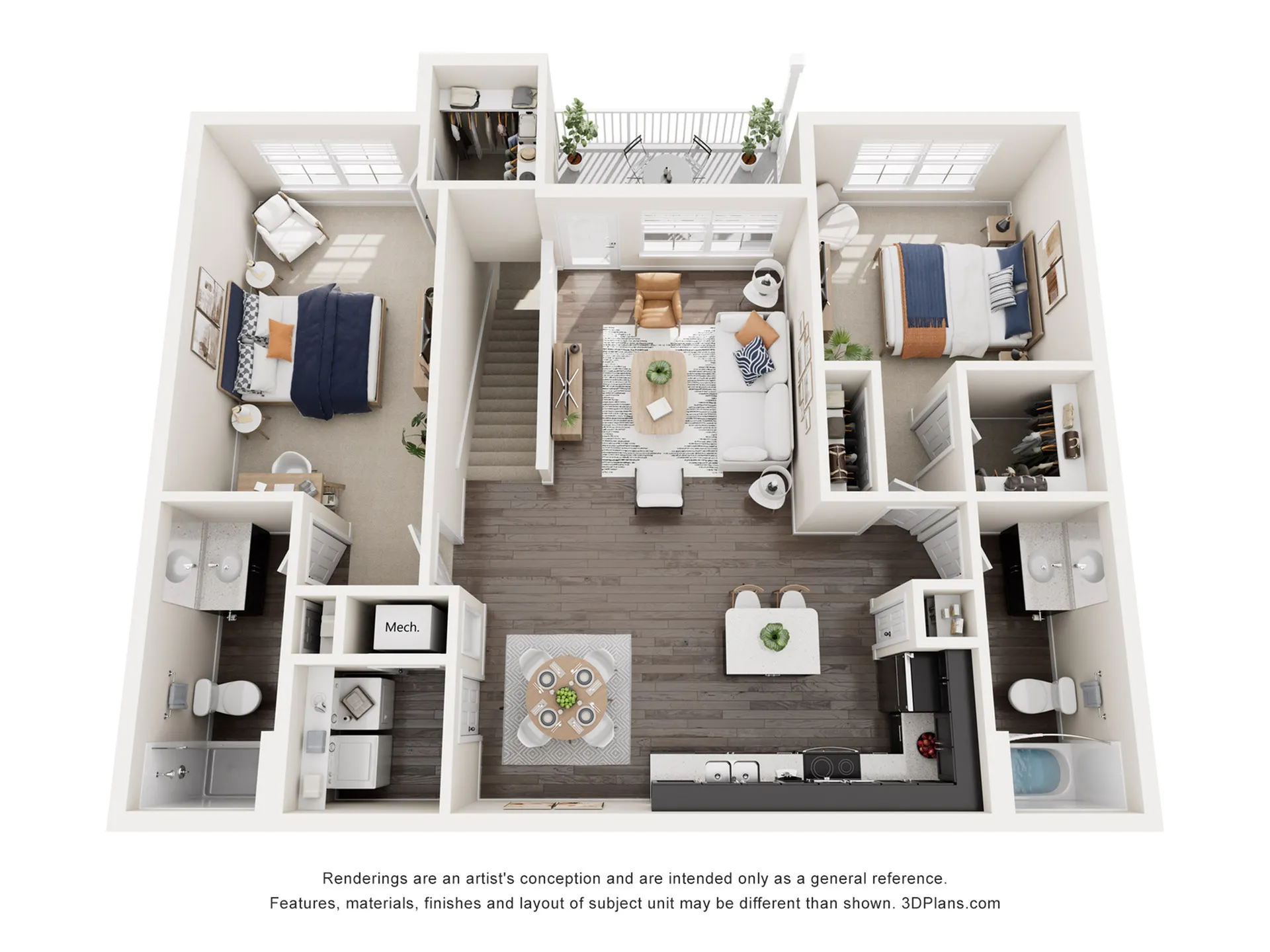 Modern 3D floor plan showcasing an elegant two-bedroom apartment with cozy living area, spacious kitchen, and two bathrooms. Features inviting natural light and stylish decor.