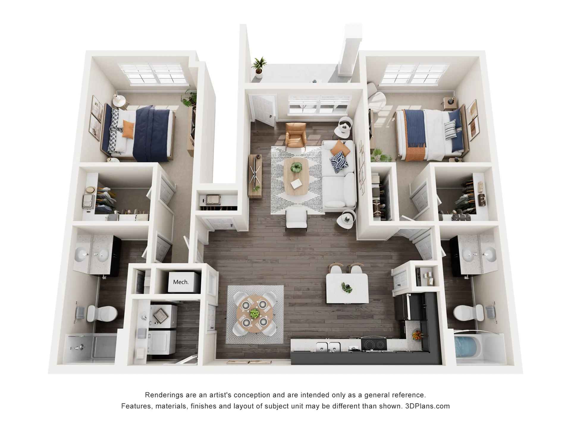 Modern 3D floor plan showcasing 2 bedrooms, open-concept living space, stylish kitchen, and 2 bathrooms, perfect for comfortable living.