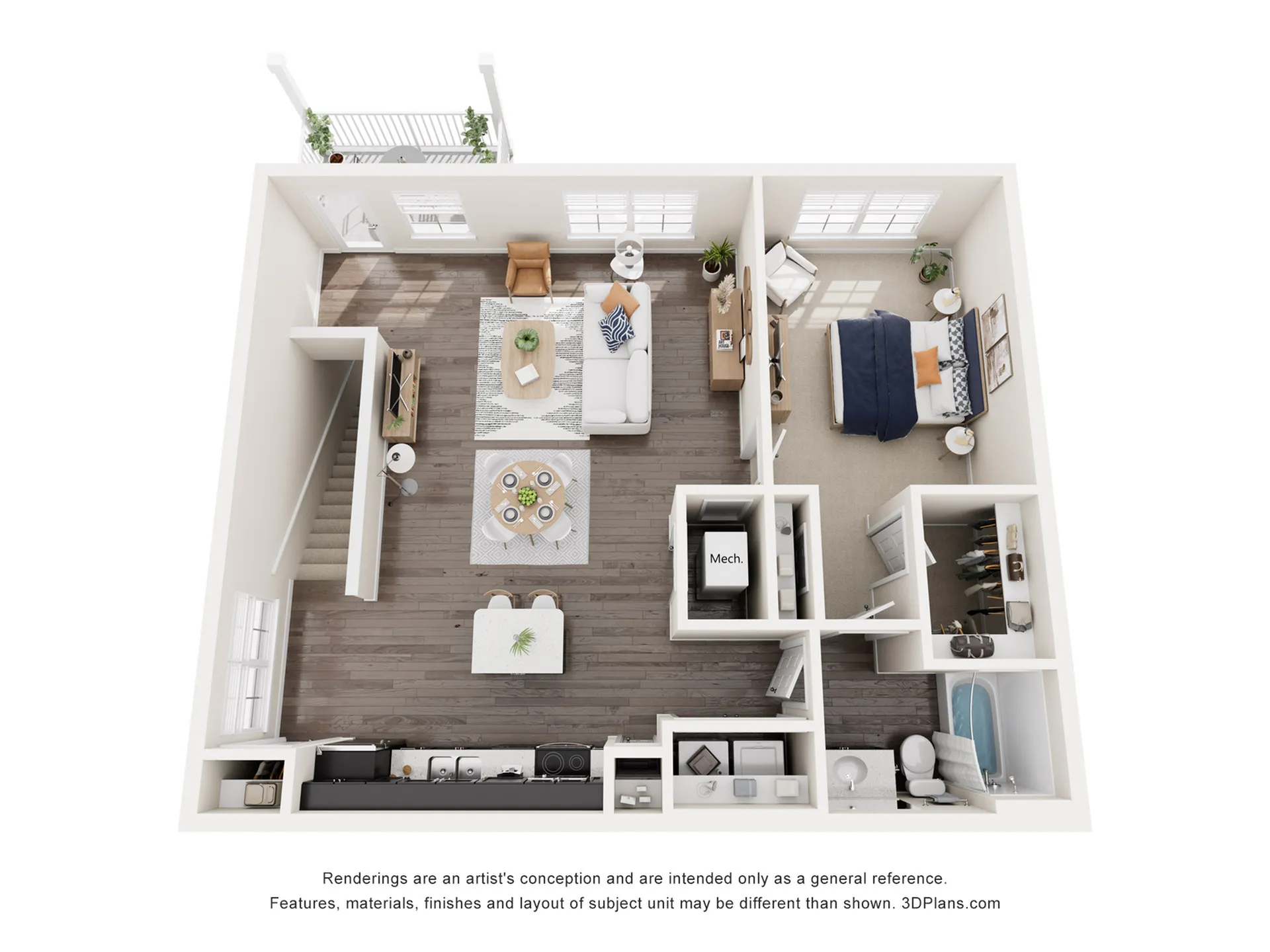 Modern open-concept floor plan with spacious living room, cozy bedroom, elegant kitchen, and neat balcony area.