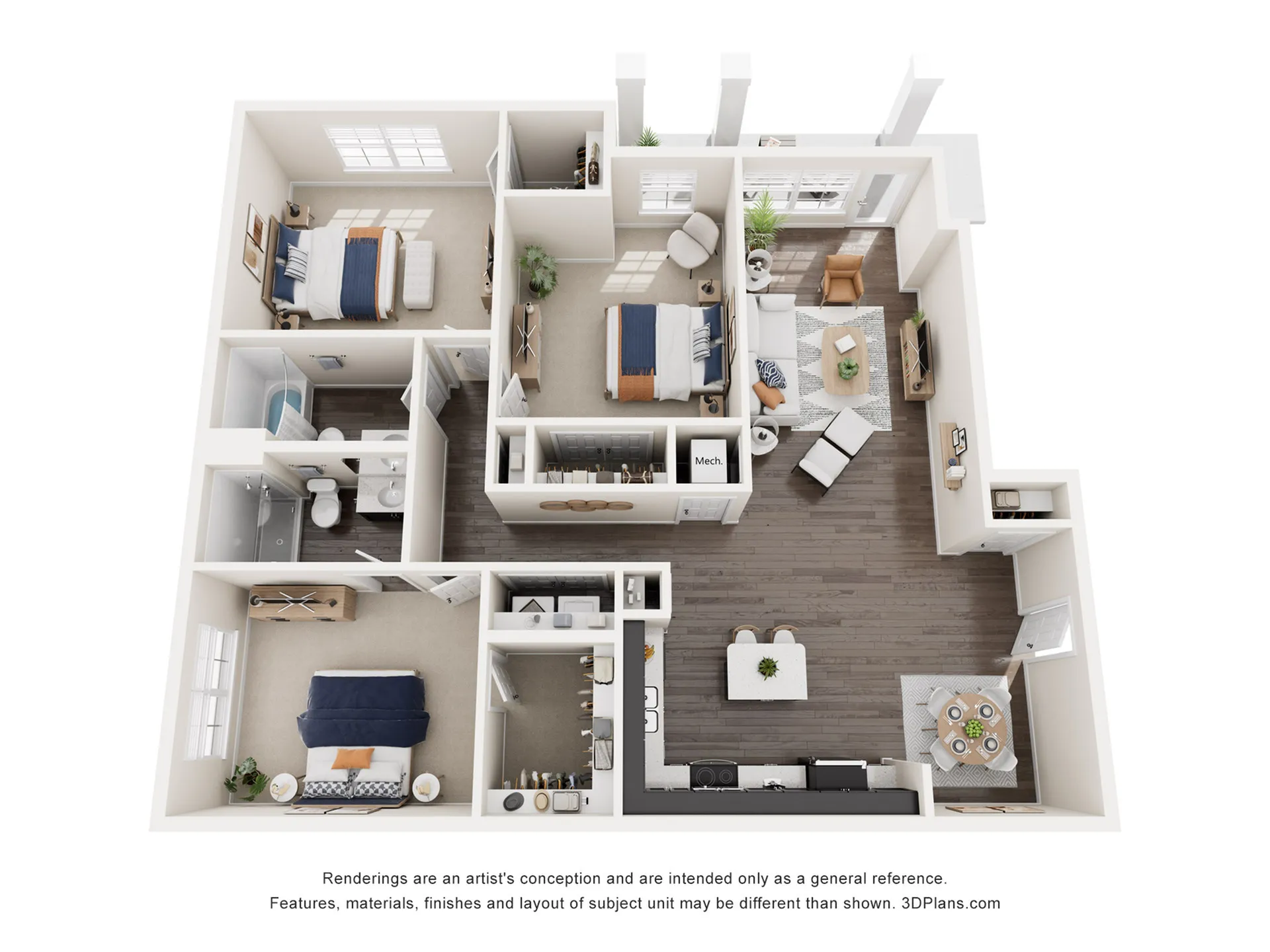 Charming 3D floor plan showcasing 3 bedrooms, a cozy living room, modern kitchen, and dining area, ideal for comfortable urban living.