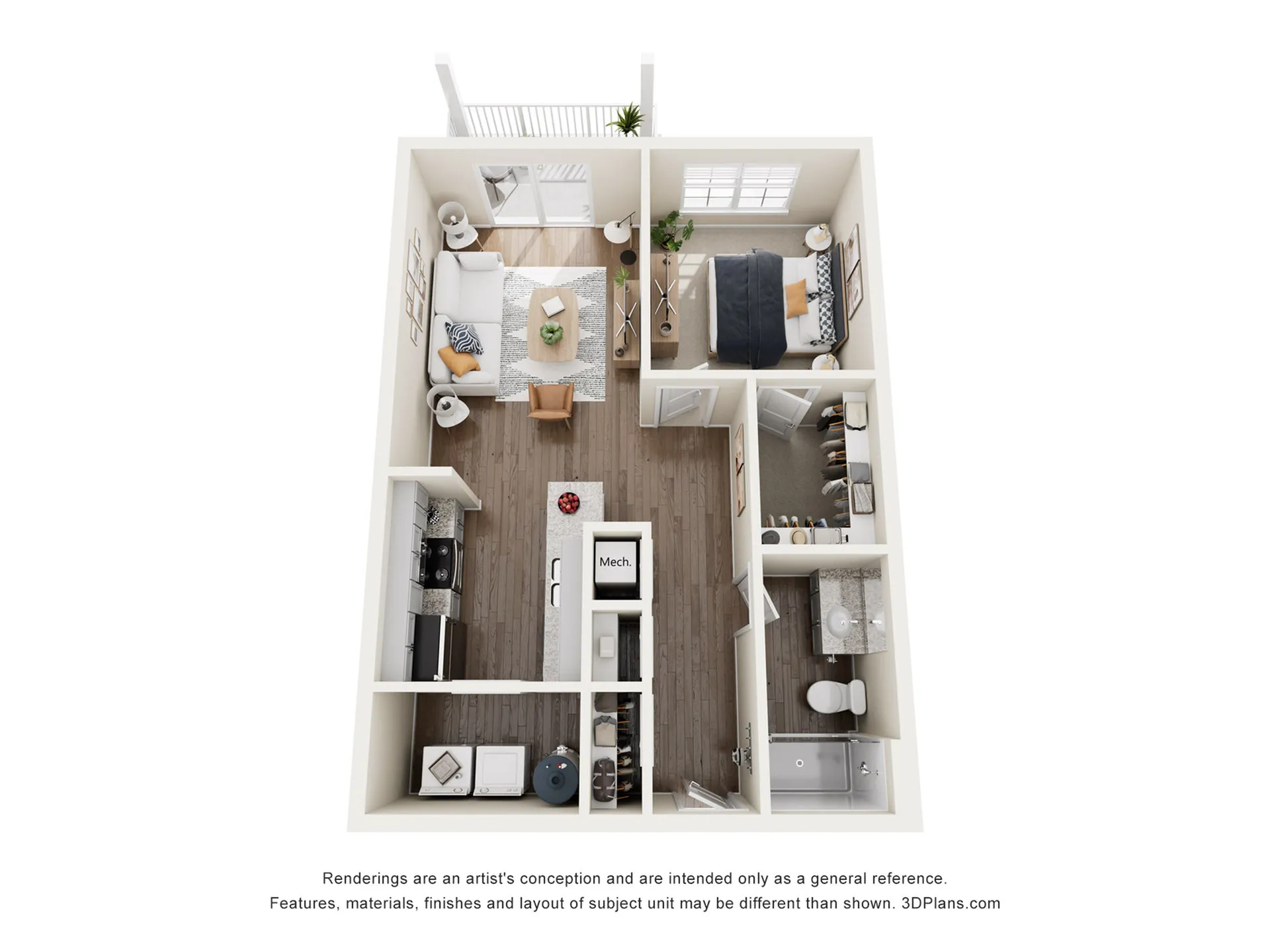 Modern 3D floor plan showcasing a cozy one-bedroom apartment with a stylish living room, well-equipped kitchen, and private balcony.