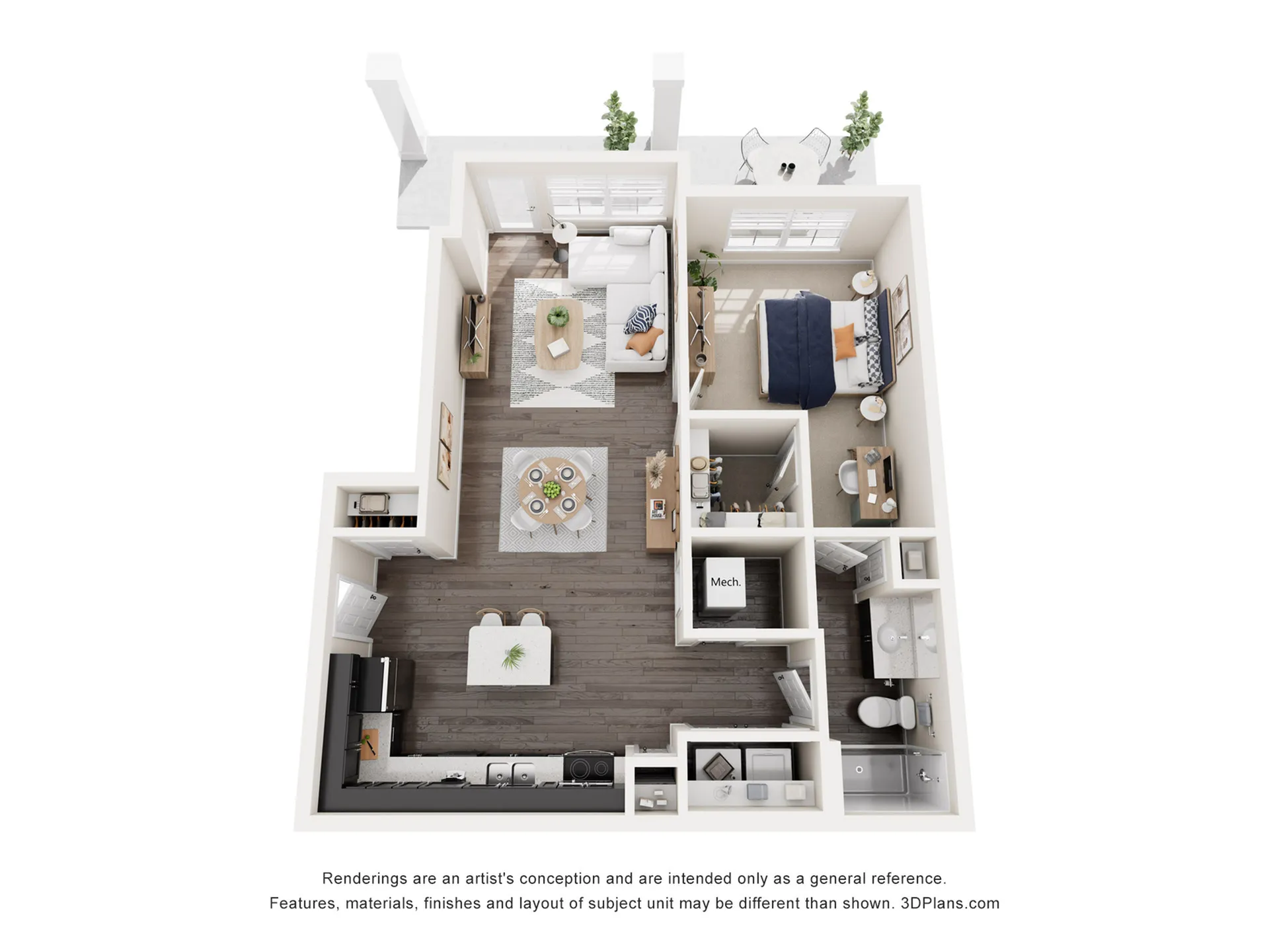 Modern 3D floor plan illustrating a sleek one-bedroom apartment with an open living space, stylish kitchen, and elegant bathroom. Includes a cozy balcony for relaxation.