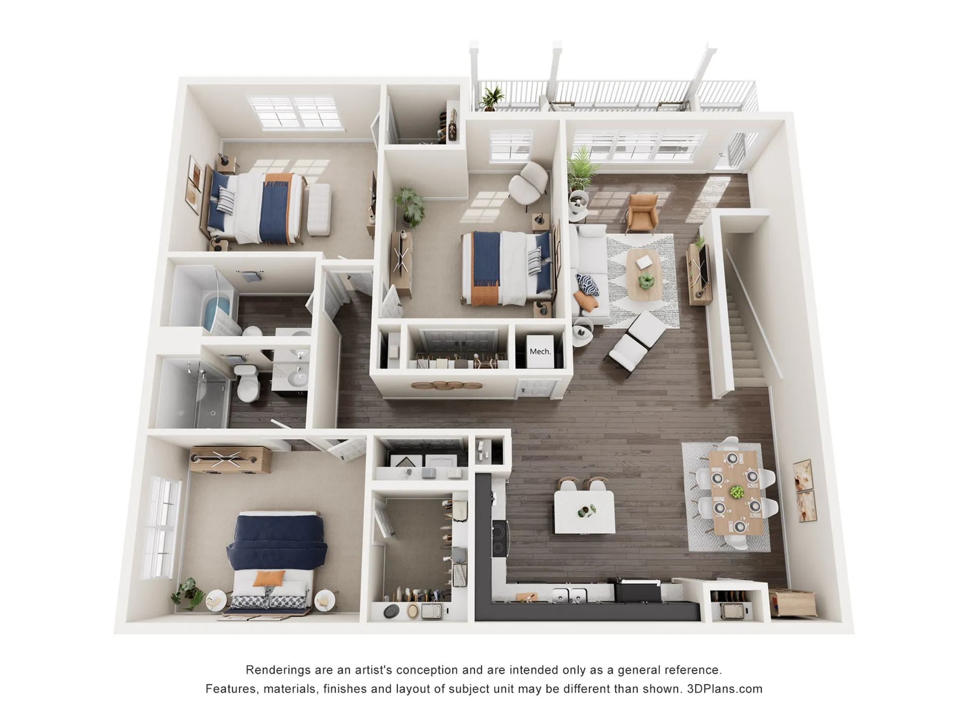 Modern 3D floor plan showcasing 2 bedrooms, an inviting open-concept living room, and a chic kitchen with adjacent dining area. Includes a stylish living space with a balcony view and two bathrooms for convenience.