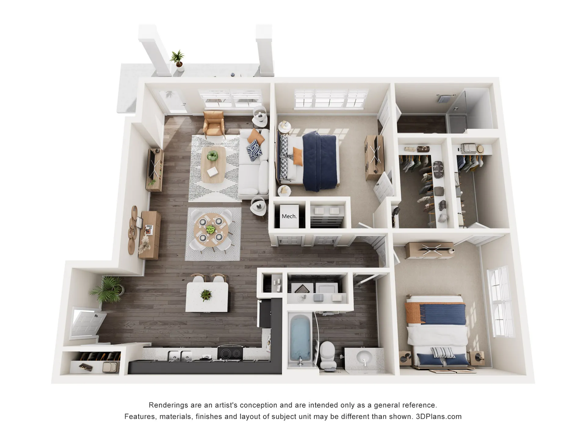 Elegant 3D floor plan showcasing a beautifully designed 2-bedroom apartment with a spacious living area, modern kitchen, and inviting balcony.