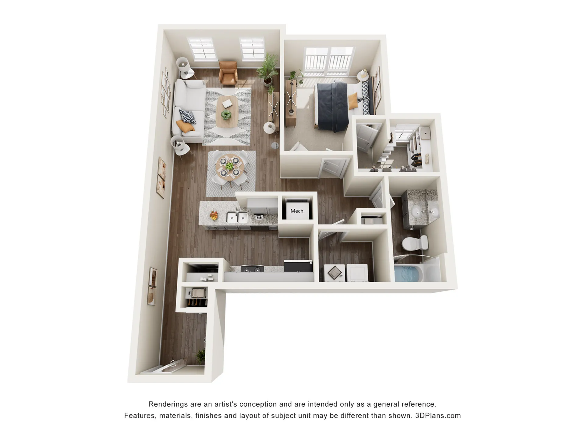 Charming 3D floor plan showcasing a welcoming one-bedroom apartment with an open living space, modern kitchen, and a cozy dining area.