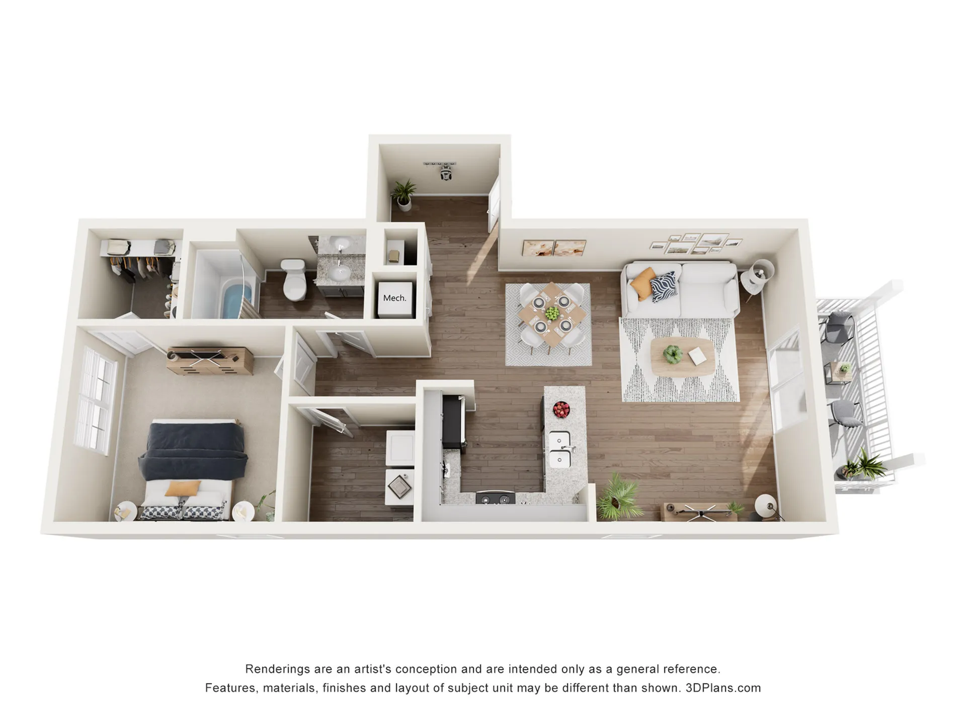 Contemporary 3D floor plan showcasing 1 bedroom, open-concept living and dining area, modern kitchen, and a private balcony.