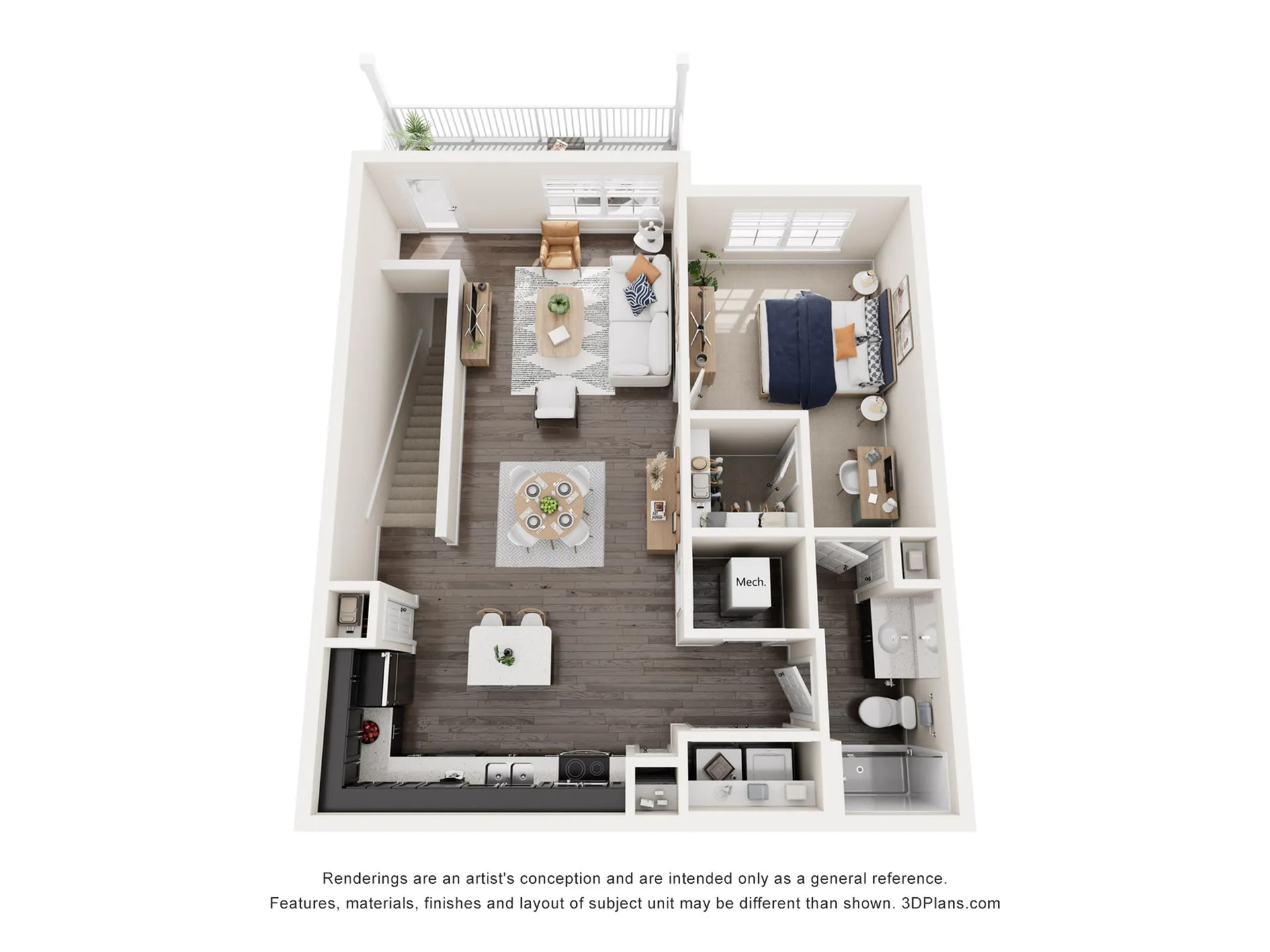 Contemporary 3D floor plan showcasing a cozy one-bedroom apartment with an open-concept living and dining area, sleek kitchen, and private balcony.