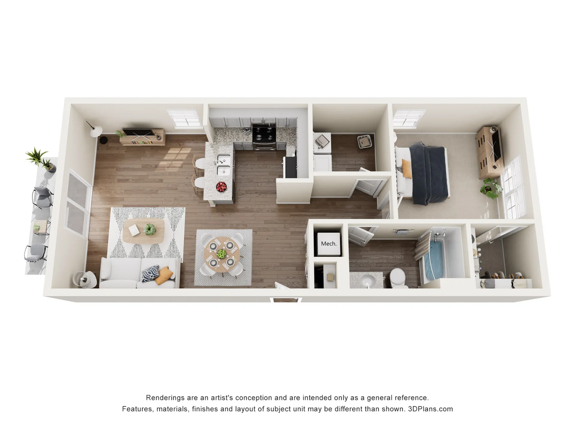 Modern 3D floor plan featuring a cozy 1-bedroom apartment with an open-concept living room, stylish kitchen, and sleek bathroom. Includes a breakfast bar and a charming outdoor seating area.