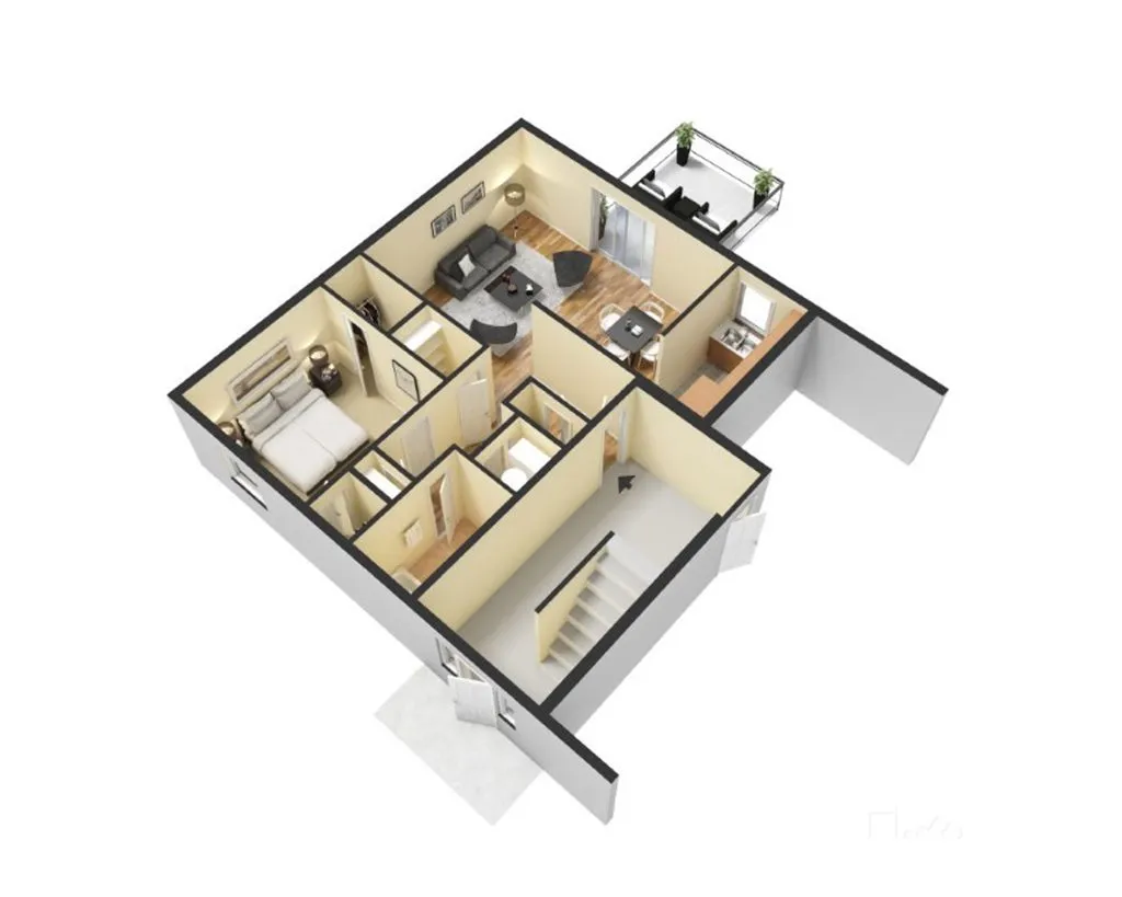 Charming 3D floor plan showcasing a cozy 1-bedroom apartment with an open living area, modern kitchen, and private balcony.