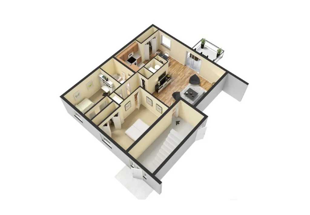 Chic 3D floor plan showcasing a modern apartment with two bedrooms, cozy living room, sleek kitchen, and private balcony.