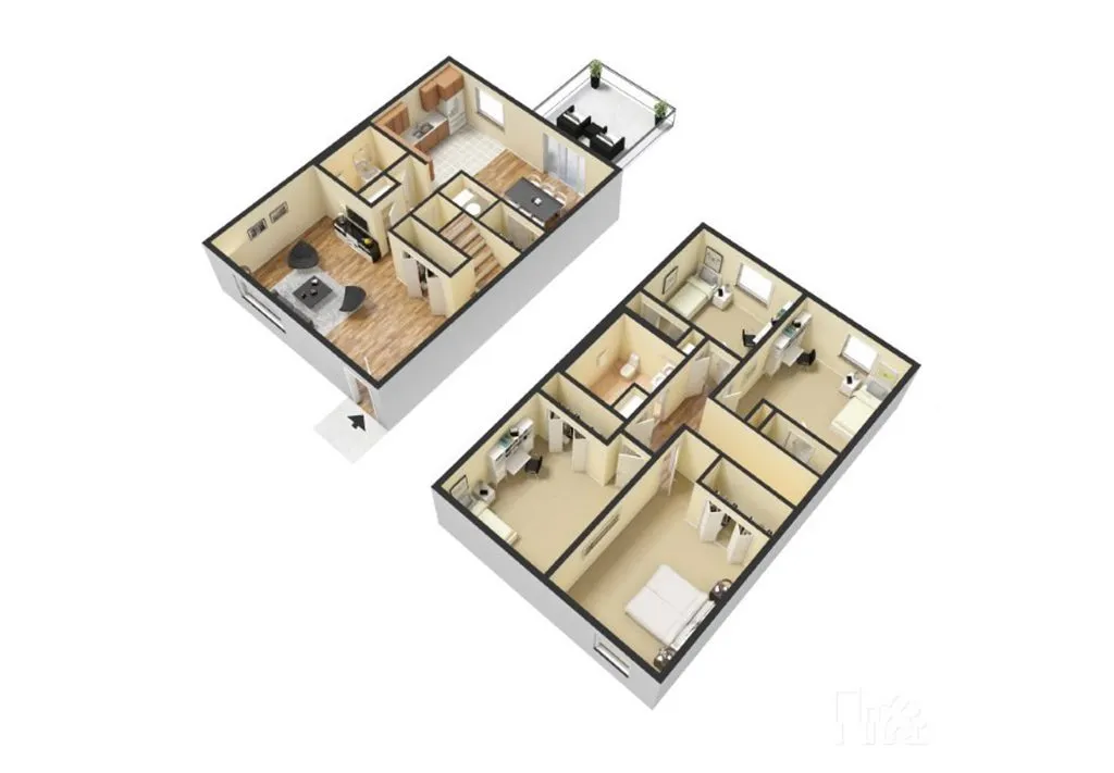 Modern 3D apartment floor plan showcasing three bedrooms, open-layout living and dining area, and a cozy balcony.