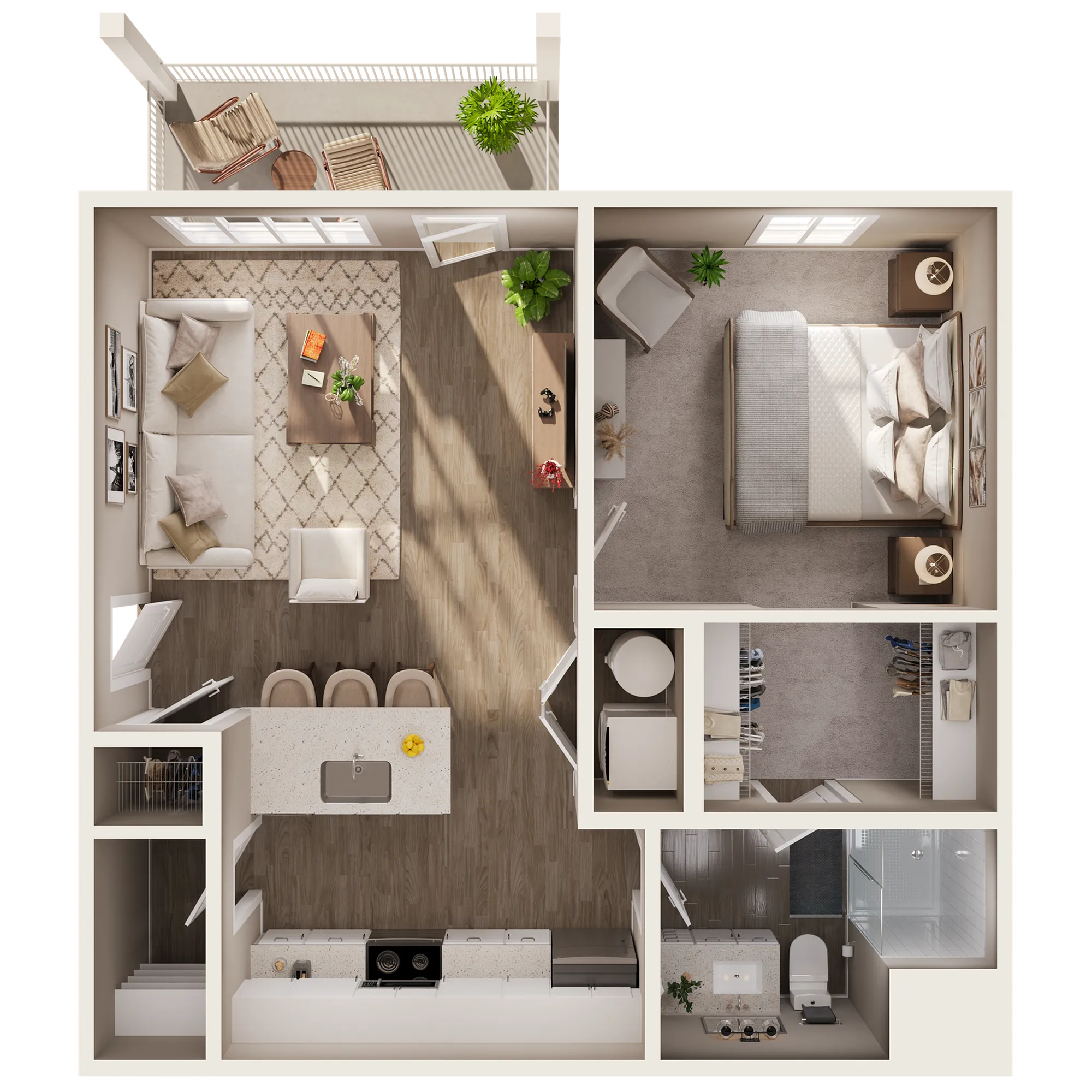 Chic 1-bedroom apartment floor plan featuring an open-concept living area, modern kitchen, and private balcony with seating.