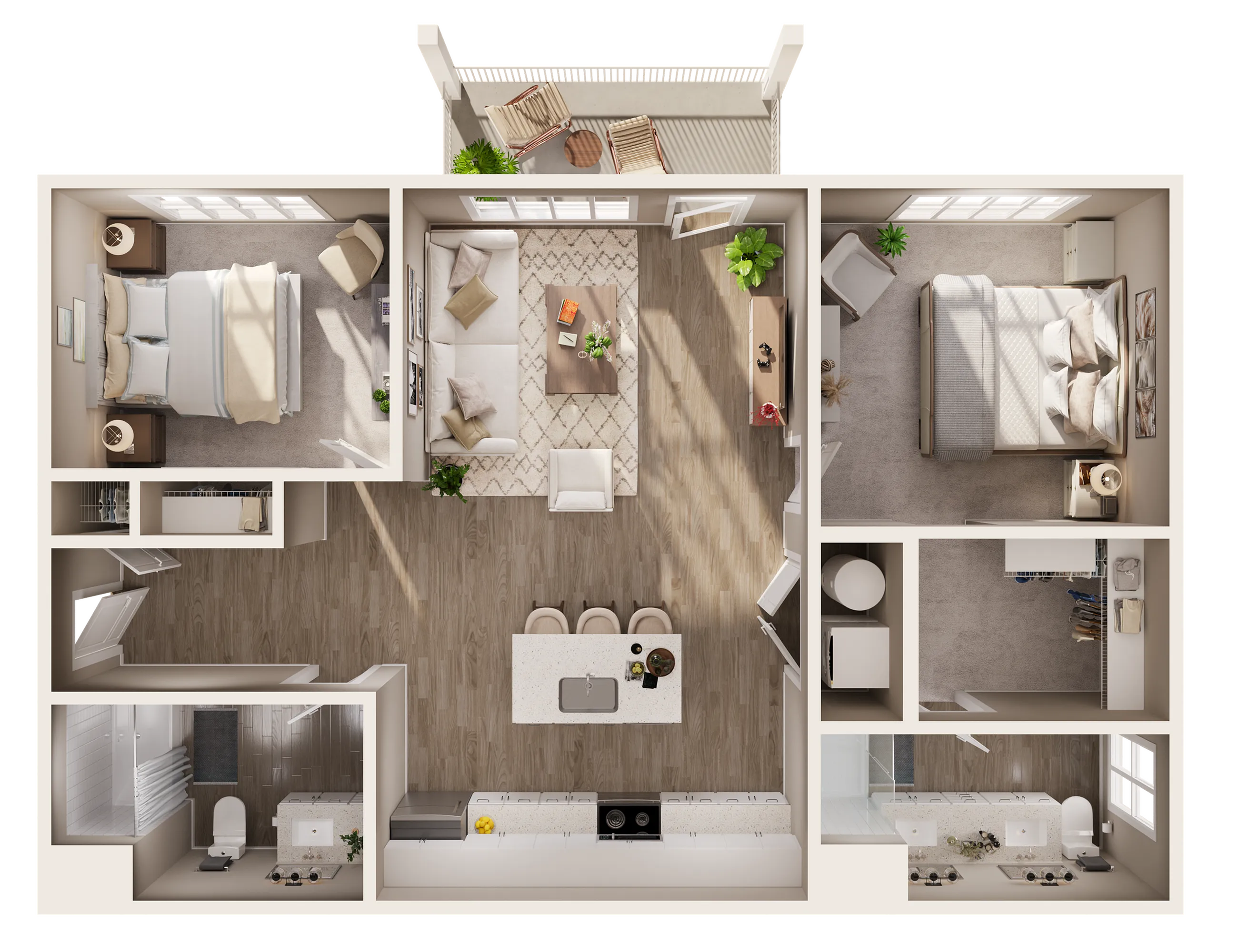 Elegant floor plan showcasing a modern 2-bedroom apartment with open-concept living and dining area, stylish kitchen, spacious balcony, and serene bathrooms.
