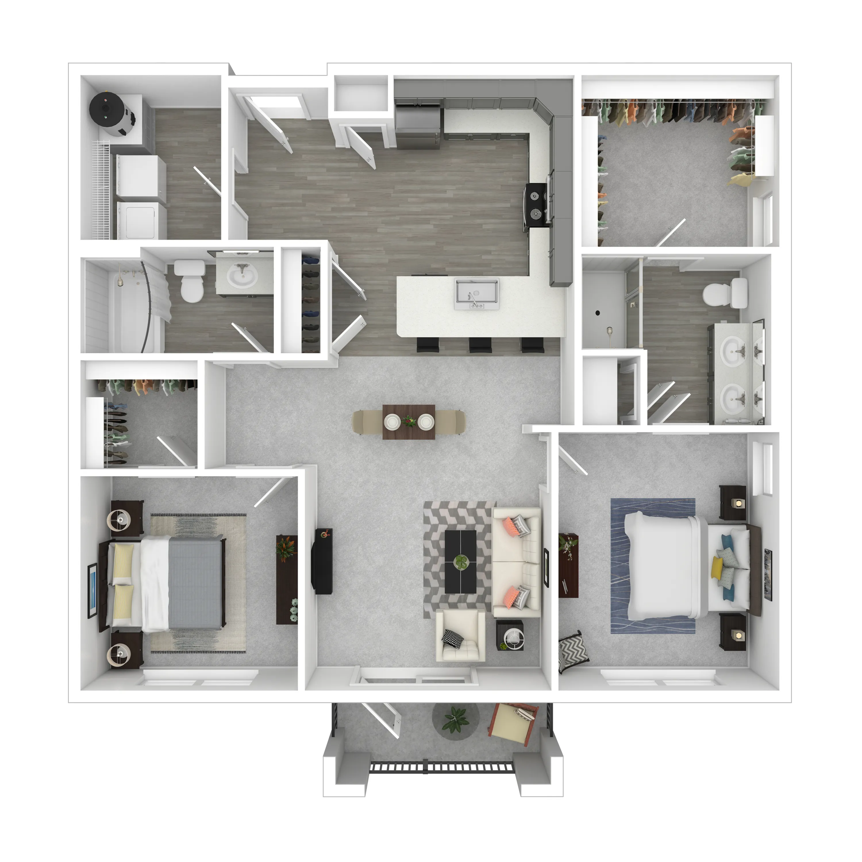 Modern 3D apartment floor plan featuring 2 spacious bedrooms, an open living room, a stylish kitchen with bar seating, and 2 elegant bathrooms. Includes a cozy balcony and ample storage space.