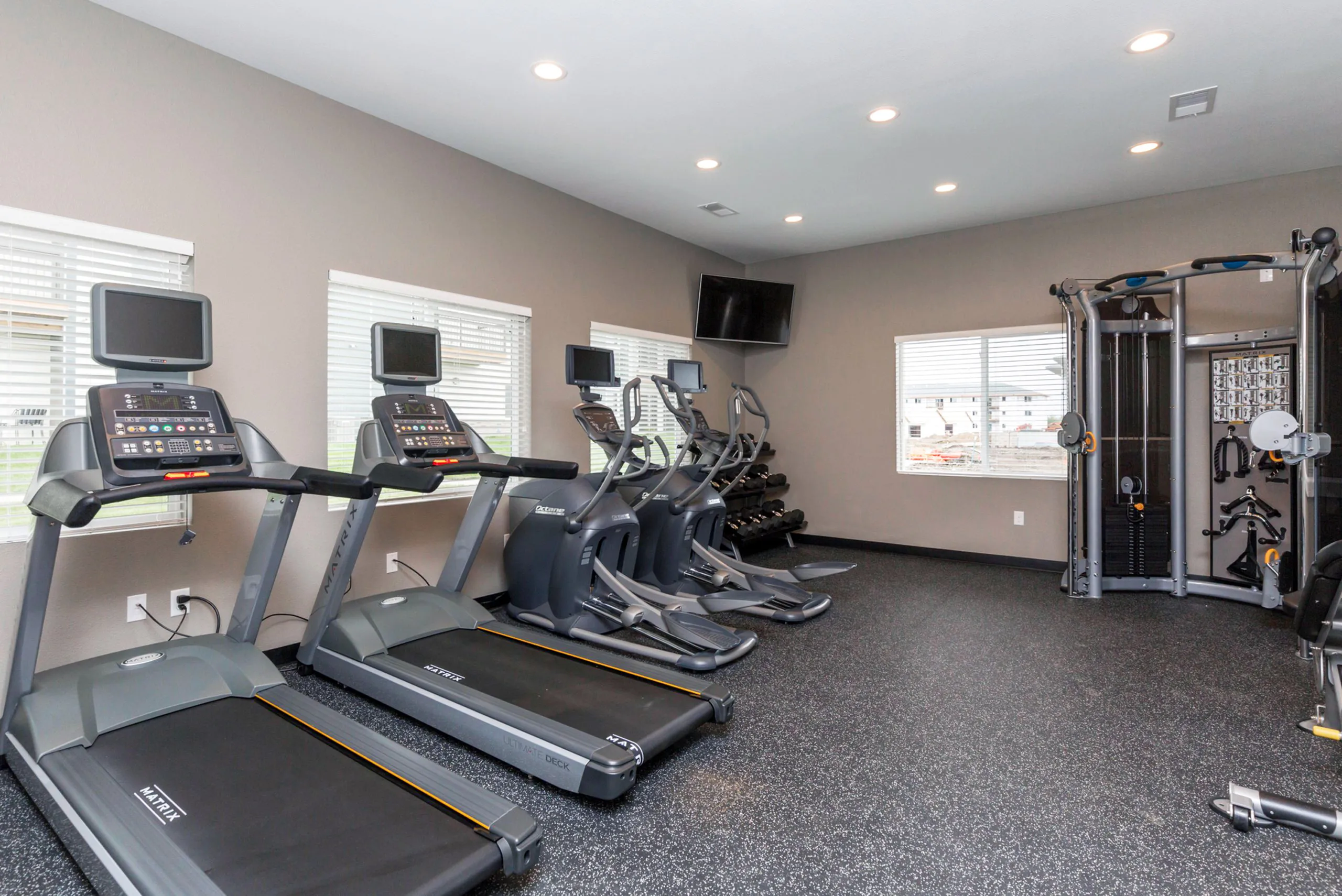 Modern fitness center with state-of-the-art treadmills, ellipticals, and a comprehensive weight training area with ample natural light.